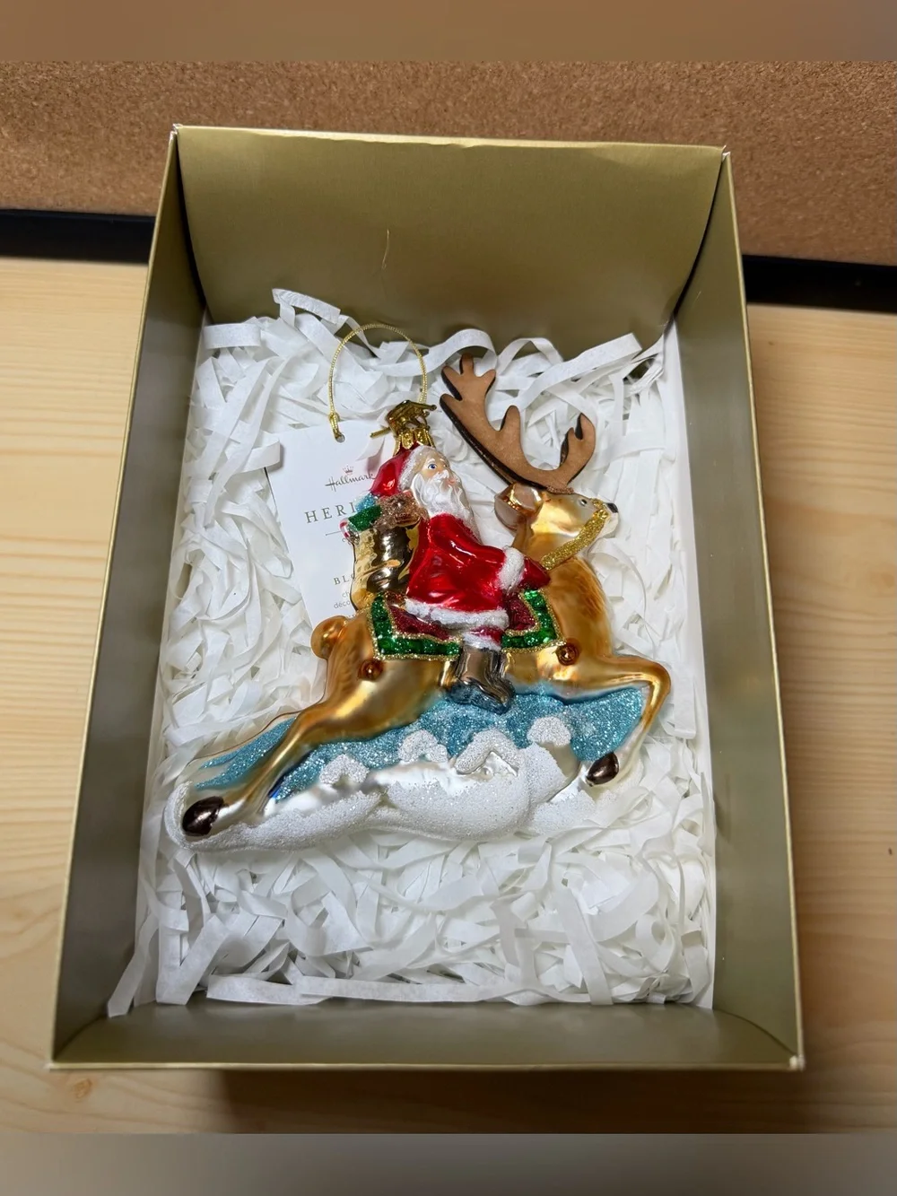 Hallmark Heritage Blown Glass Folk Art Santa Tree Ornament Reindeer Tags & Box